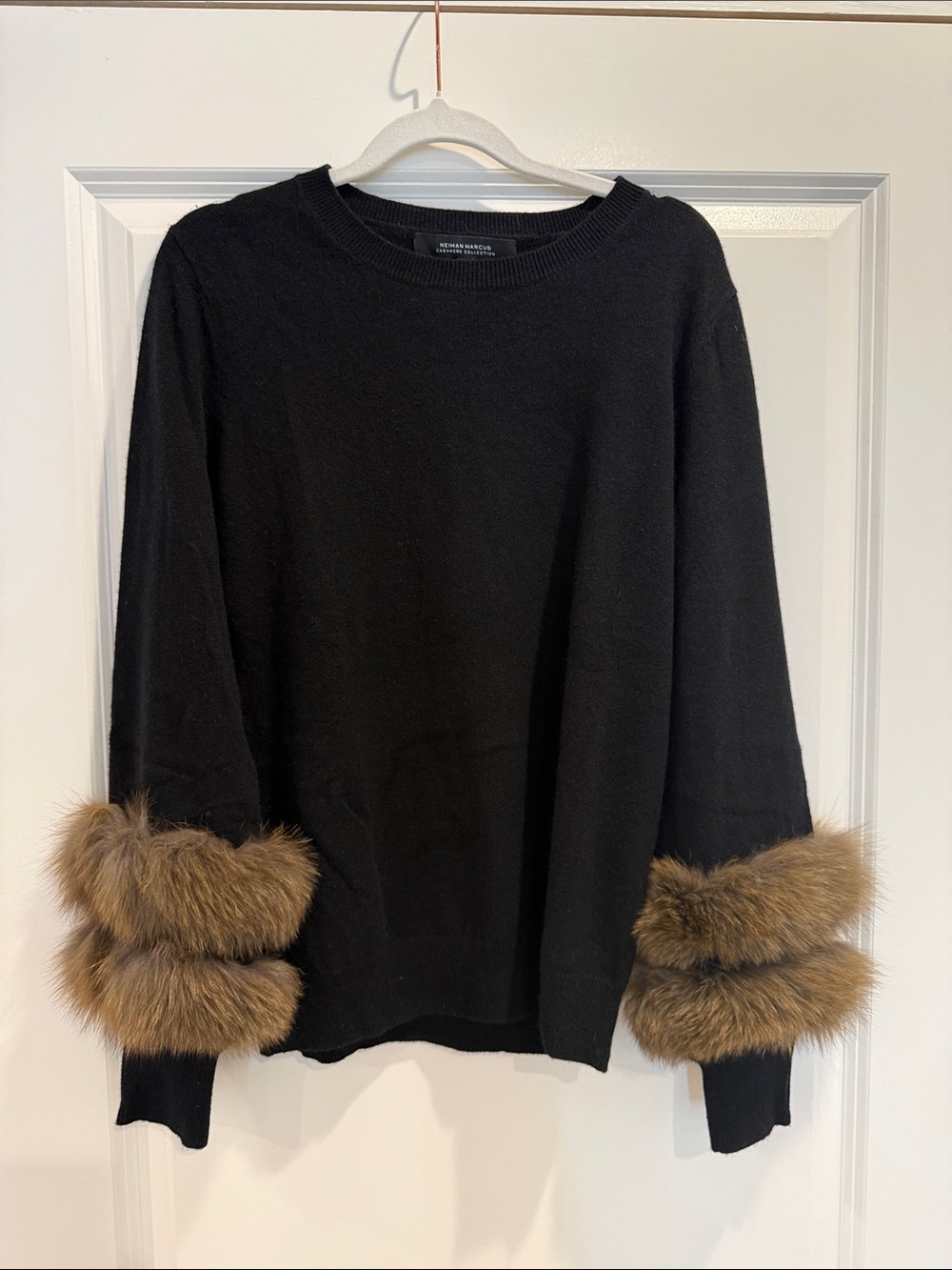 Neiman Marcus Black Cashmere Sweater with Real Blue Fox Fur Cuffs